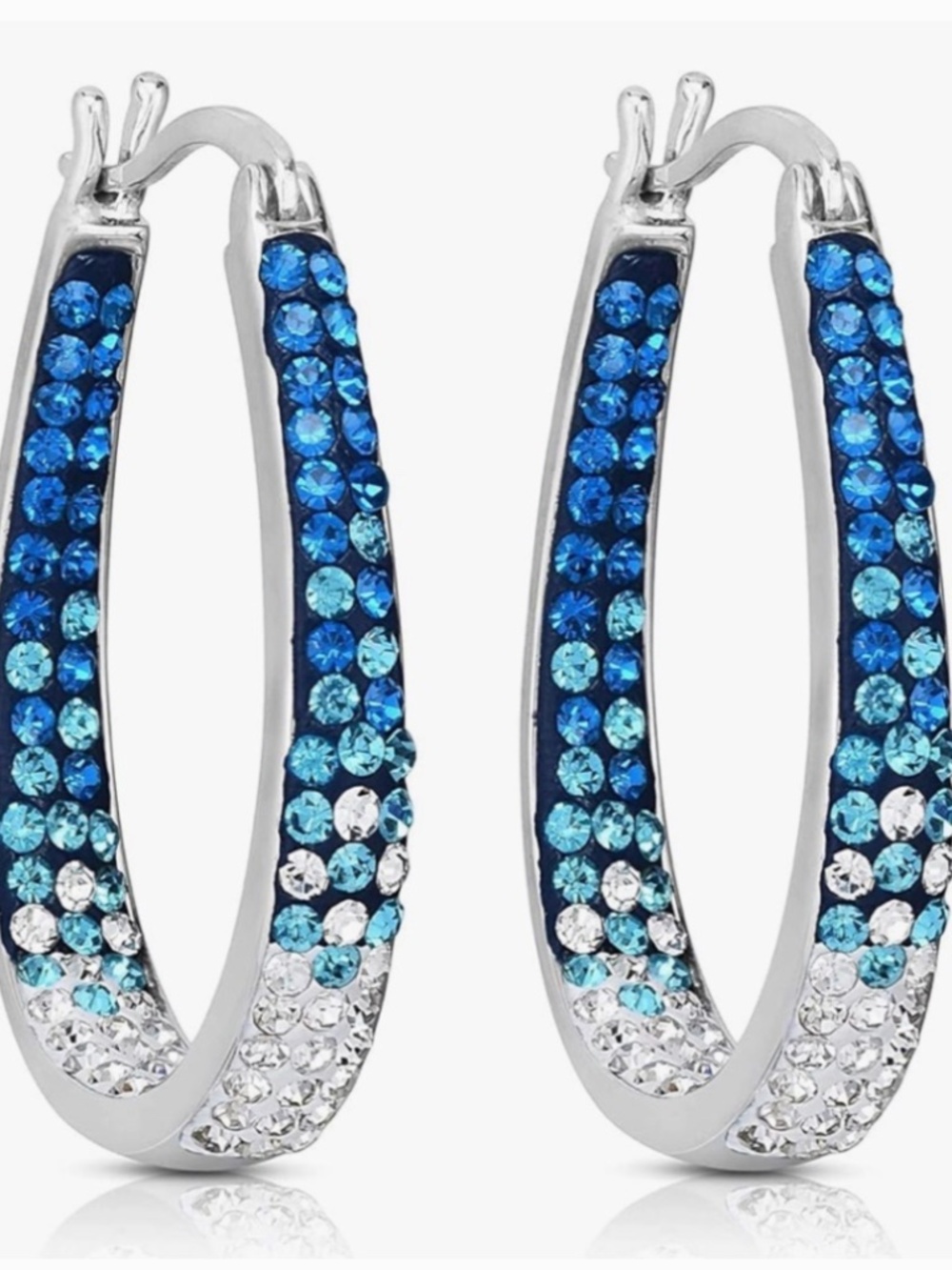 Silver Ombré Aqua Blue & Clear Pave’ Crystal Hoop Earrings 3/4”